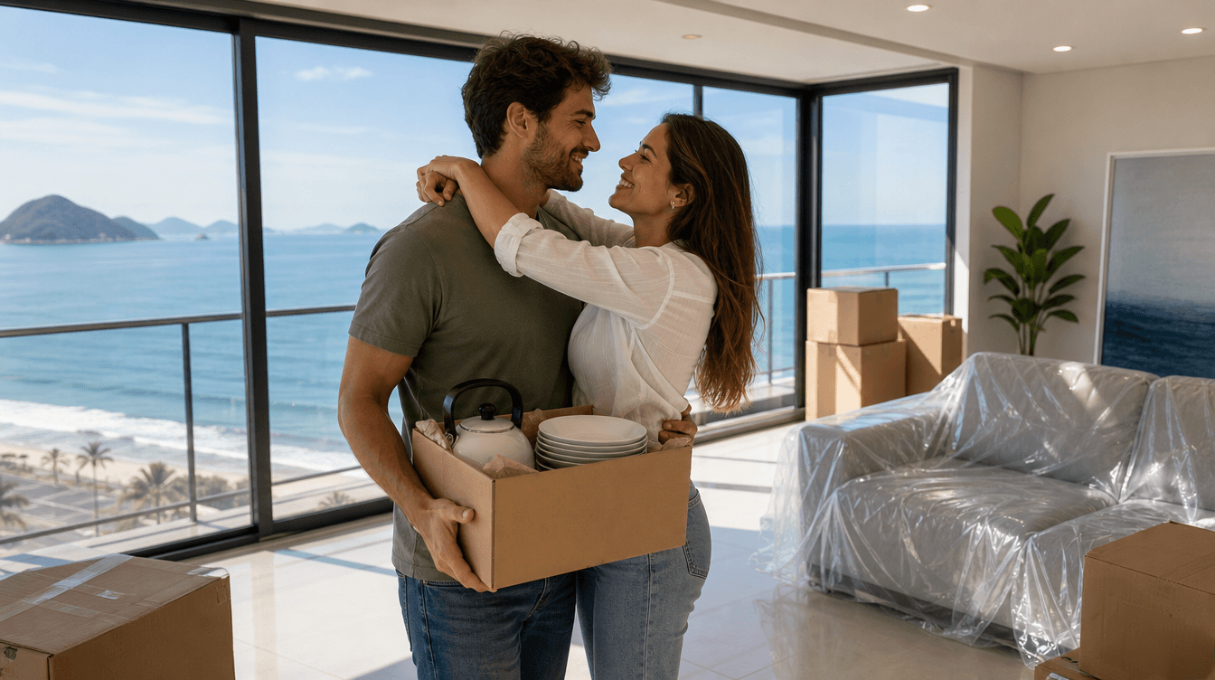 Casal se mudando para o novo apartamento com vista para o mar